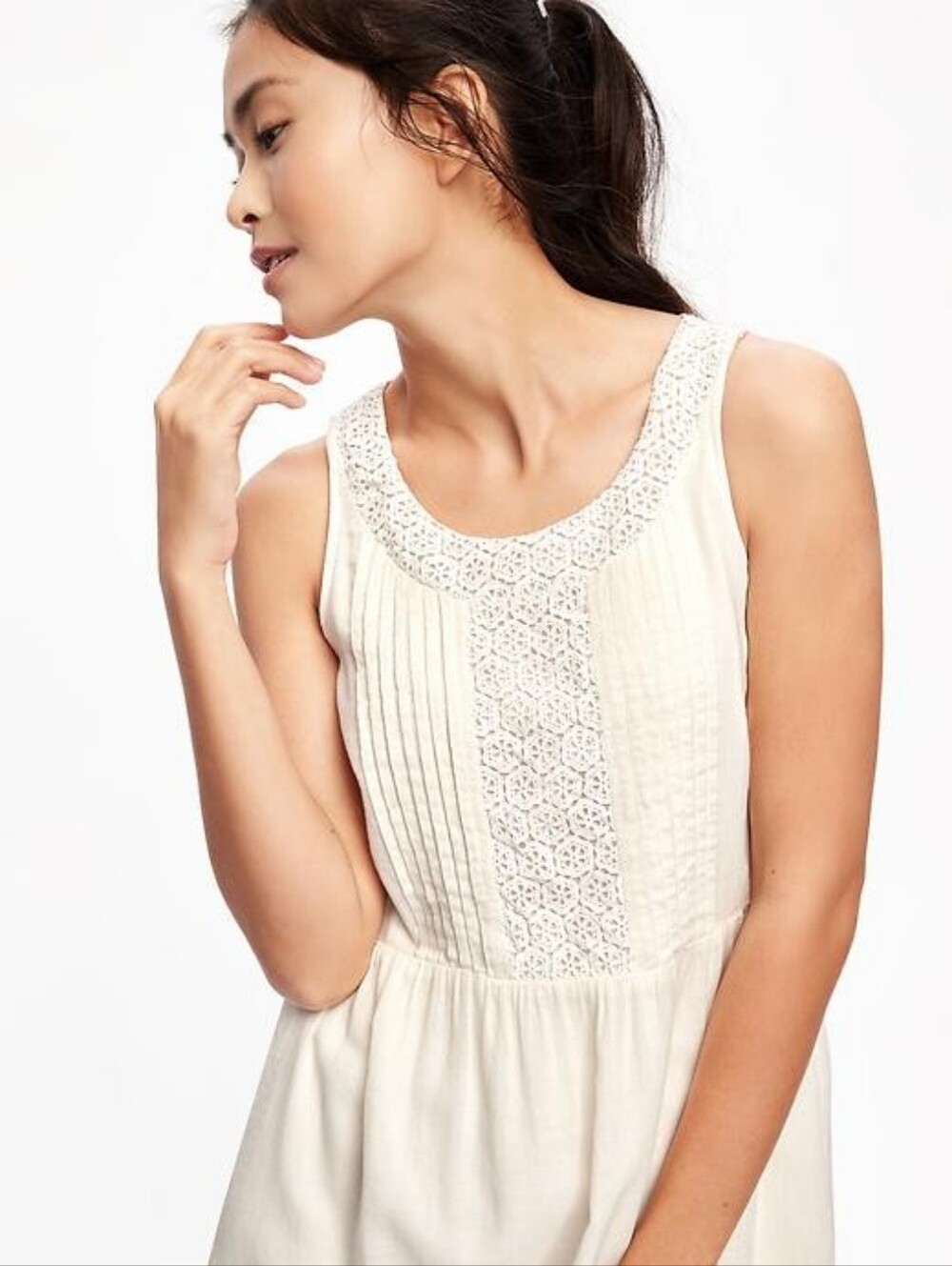Old Navy Embroidered Swing Dress pintuck Pleats Lace Cream M - Picture 3 of 9